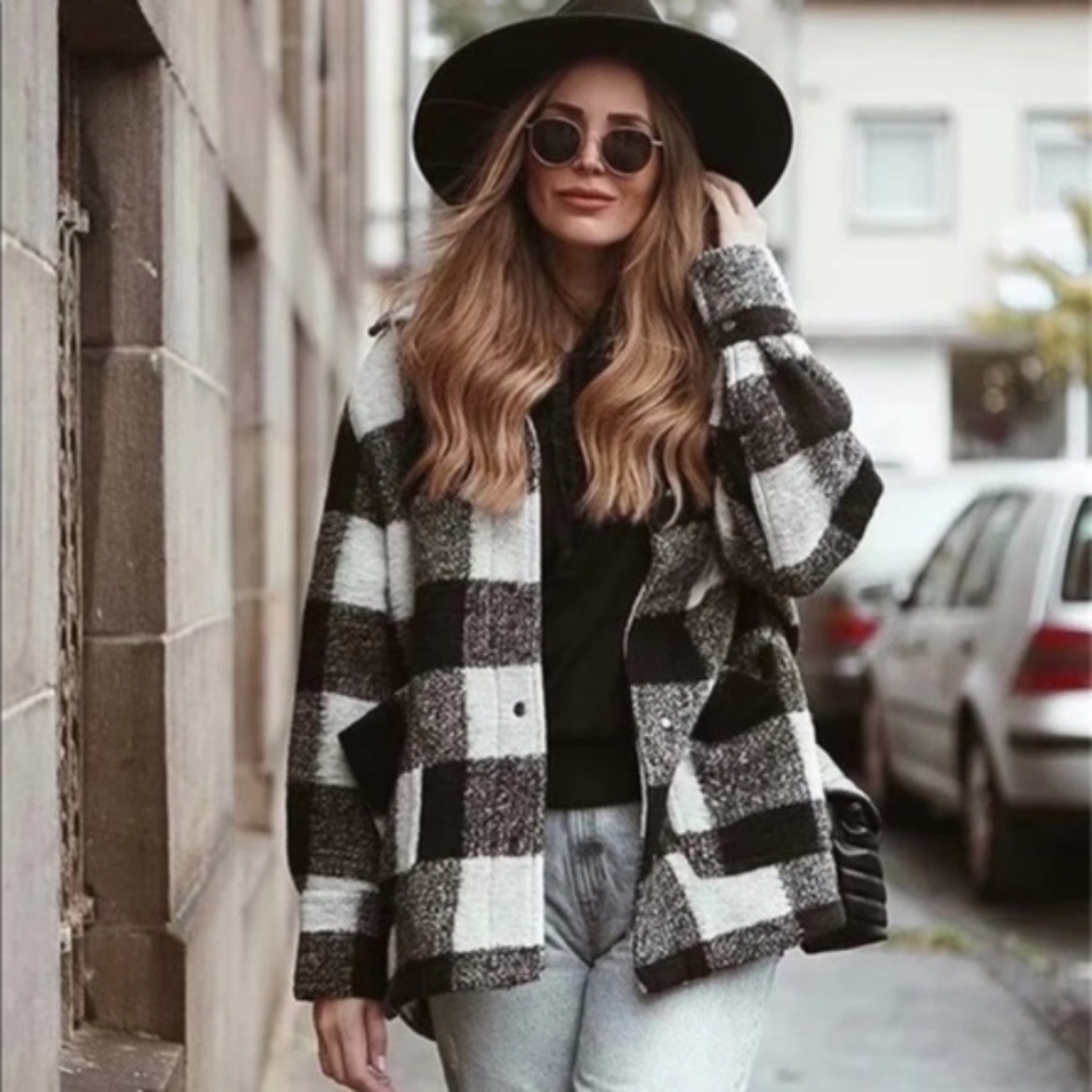 Boyfriend Fit Plaid Jacket Coat Black White - Picture 14 of 16